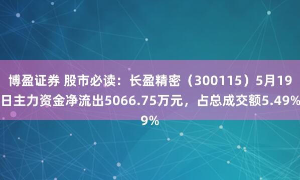 博盈证券 股市必读：长盈精密（300115）5月19日主力资金净流出5066.75万元，占总成交额5.49%